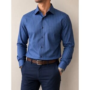 Bugatchi Uomo Mens Blue Striped Long Sleeve Button Down Shirt Cotton XL